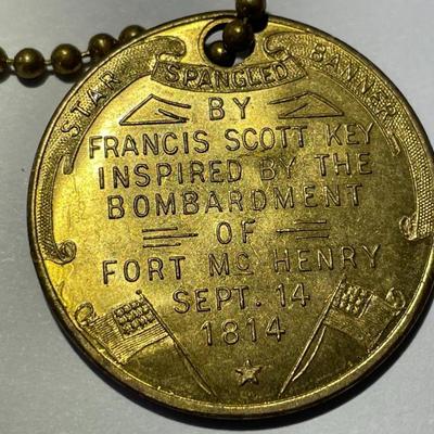 Vintage Brass Fort McHenry Fob/Keychain Star Spangled Banner Francis Scott Key Baltimore MD in Good Preowned Condition.