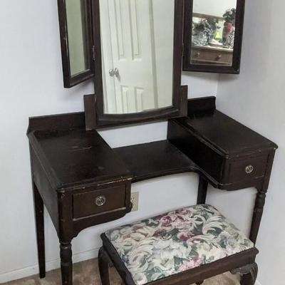 Antique Vanity with Stool and Mirror