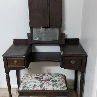 Antique Vanity with Stool and Mirror