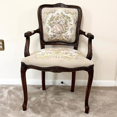 Vtg. Solid Carved Wood Chair With Nailhead Trim & French Tapestry Print