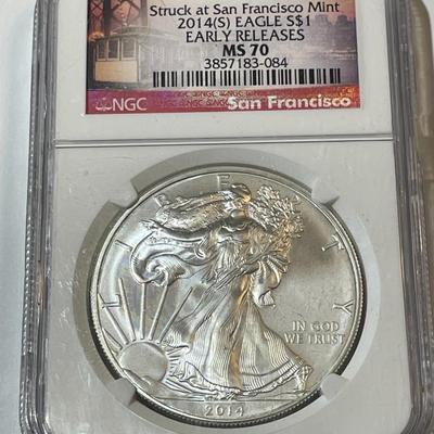 NGC CERTIFIED 2014-(S) MS-70 EARLY RELEASES AMERICAN SILVER EAGLE 1-OZ .999 AS PICTURED.