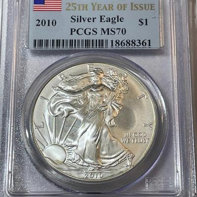 PCGS CERTIFIED 2010 MS-70 25TH ANNIVERSARY AMERICAN SILVER EAGLE 1-OZ .999 AS PICTURED.