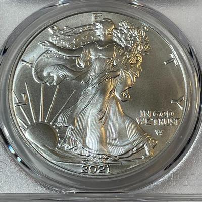PCGS CERTIFIED 2021 TYPE-2 REVERSE MS-70 FIRST DAY ISSUE AMERICAN SILVER EAGLE 1-OZ .999 AS PICTURED. (SIGNED BY JIM PEED DESIGNER).