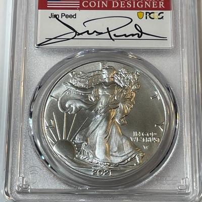 PCGS CERTIFIED 2021 TYPE-2 REVERSE MS-70 FIRST DAY ISSUE AMERICAN SILVER EAGLE 1-OZ .999 AS PICTURED. (SIGNED BY JIM PEED DESIGNER).