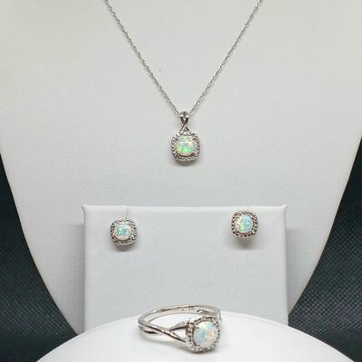LOT 3: 925 Sterling Silver Lab Created Opal Jewelry Set Sz 7 Ring