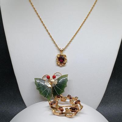 LOT 7: Vintage Coral & Jade Butterfly Brooch: Van Dell Gold-filled Rhinestone Garland Brooch: Gold Tone Faux Garnet Necklace