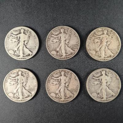 LOT 22: Set of (6) 1935-1944 Walking Liberty Half-Dollar Coins - 90% Silver