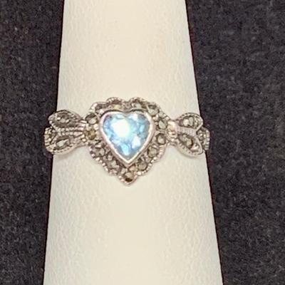 LOT:38: Heart Shaped Marcasite and Blue Topaz Sterling Silver Ring Size 7