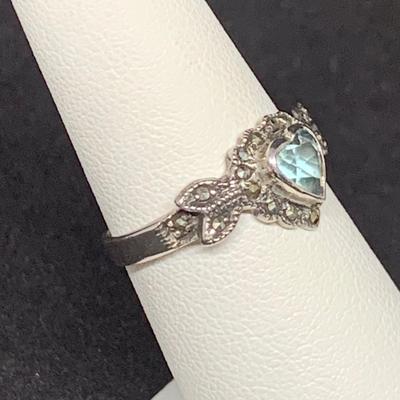 LOT:38: Heart Shaped Marcasite and Blue Topaz Sterling Silver Ring Size 7
