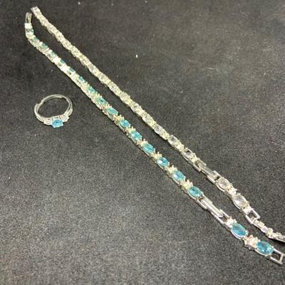 LOT:42Sterling Silver Blue topaz ring and bracelet and and CZ Bracelet - Ring Size 6, Blue Braclets are 7 
