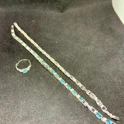 LOT:42Sterling Silver Blue topaz ring and bracelet and and CZ Bracelet - Ring Size 6, Blue Braclets are 7 