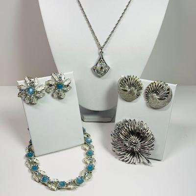 LOT 73: Vintage Sarah Coventry Crystal Pendant Necklace & Silver Tone Swirl Clip Earrings, Monet Silver Tone Floral Brooch & Vintage Judy...