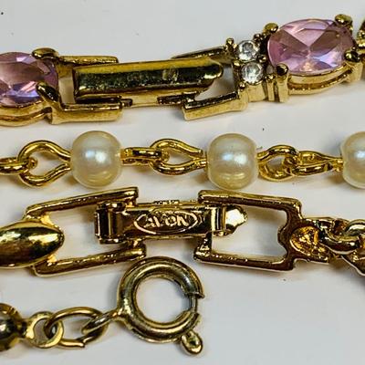 LOT 75: Gold Tone Collection: Needle Point Brooches & Clip-On Dangle Earrings, Bracelets: Napier, Avon & More