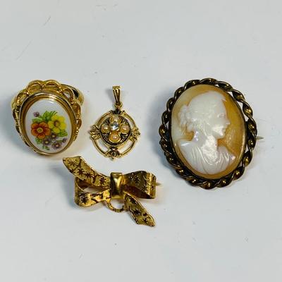 LOT 75: Gold Tone Collection: Needle Point Brooches & Clip-On Dangle Earrings, Bracelets: Napier, Avon & More
