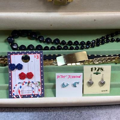 LOT 79: Buxton Jewelry Box Filled w/Jewelry, E.T. Jacket Pin, Pierced Earrings, Vintage Belt, E.T. Story Book & More