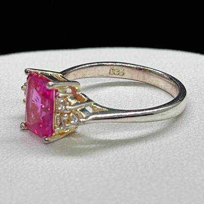 LOT 85: Sterling Silver Synthetic Pink Tourmaline Ring: Size 7