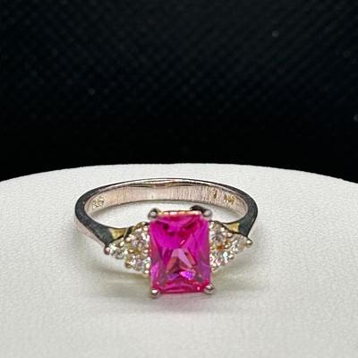 LOT 85: Sterling Silver Synthetic Pink Tourmaline Ring: Size 7