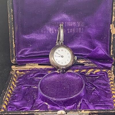 LOT 118: Antique 800 Silver Wristwatch in Antique Box - Works- Genuine Sapphire !