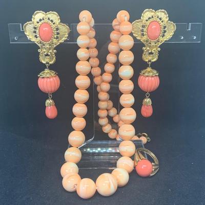 LOT:120: Vintage Salmon Colored Necklace, Earrings and Ring - Necklace - 24' Ring Size 7