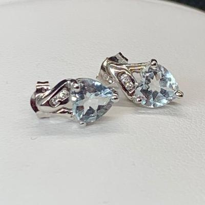 LOT 182: Blue Topaz & CZ Heart Shaped 10K Pierced Earrings, Tw 1.4g