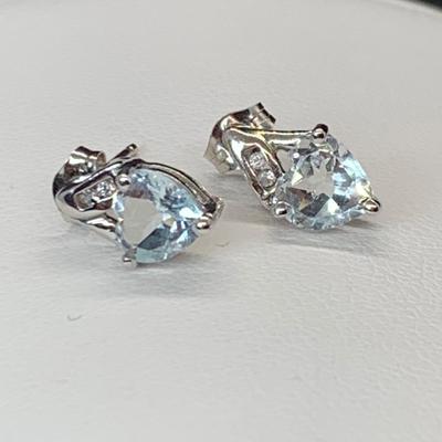LOT 182: Blue Topaz & CZ Heart Shaped 10K Pierced Earrings, Tw 1.4g