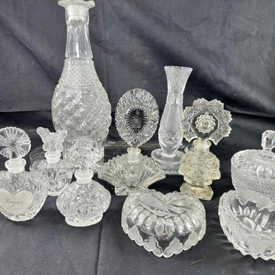 Cut Crystal perfume bottles, vase, candy dish