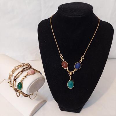 Gold and Stone Scarab Necklace and Bracelet (P-BBL)