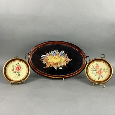 LR241 Vintage Oval Pressed Flower Tray and Painted Floral Artwork on Linen