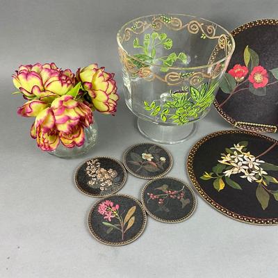 LR243 Large Floral Handpainted Compote and Cork Trivets & Coasters