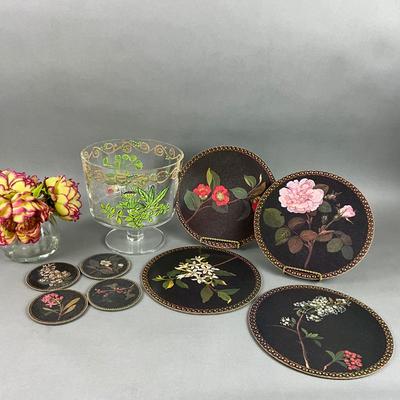 LR243 Large Floral Handpainted Compote and Cork Trivets & Coasters
