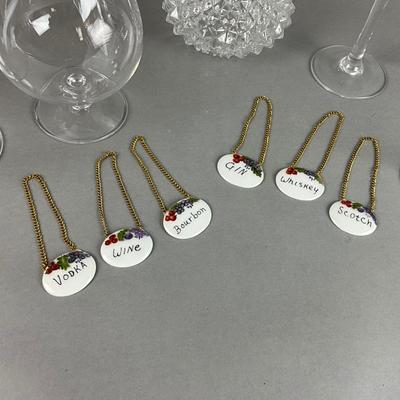 K244 Lot of Martini , Brandy Snifters, Decanter and Porcelain Liquor Tags