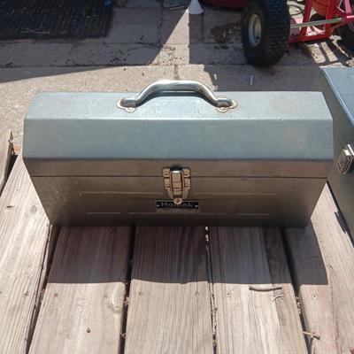 HOMAK METAL TOOL BOX WITH A VARIETY OF HAND TOOLS