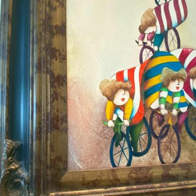 Framed Oil on Canvas Bicycling Troop Painting, Signed J. Roybal