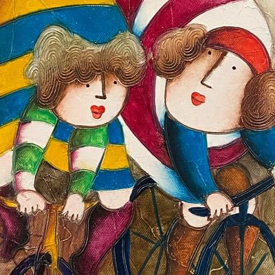 Framed Oil on Canvas Bicycling Troop Painting, Signed J. Roybal