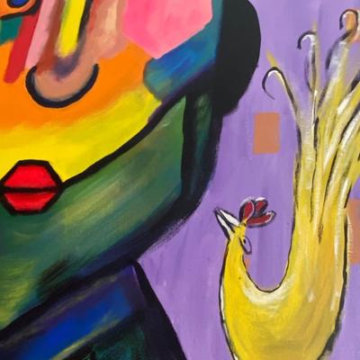 Unframed Abstract Art of Person and Rooster, Unsigned