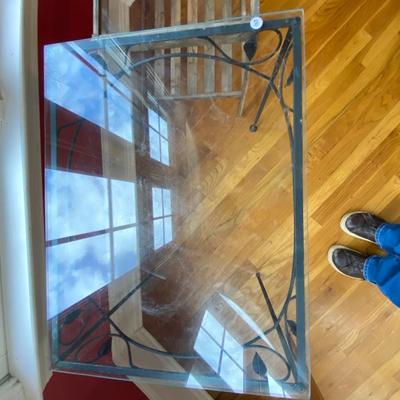 Pair of Glass Top Tables (Wrought Iron and Wood)