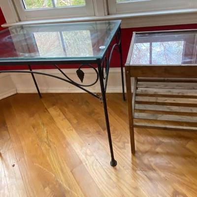 Pair of Glass Top Tables (Wrought Iron and Wood)