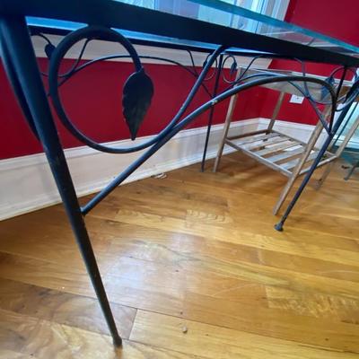 Pair of Glass Top Tables (Wrought Iron and Wood)