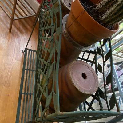 green Wrought Iron Plant Shelf, Cactus, and Planters