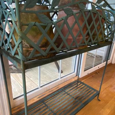 green Wrought Iron Plant Shelf, Cactus, and Planters