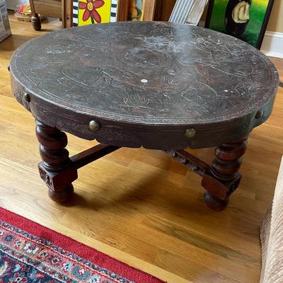 Large Ornate Leather Top Coffee Table