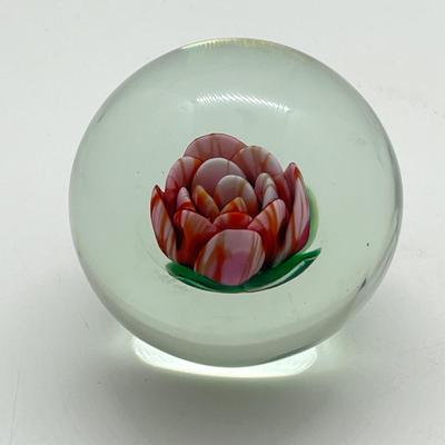 LOT 9K: Handblown Glass Paperweight w/ Rose - Tag Says by Renowned Artist Pete Lewis