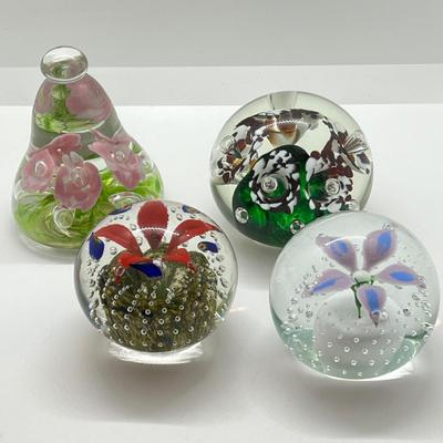 LOT 16K: Four Glass Paperweights w/ Hallmarks MC, DH, SIC and CS