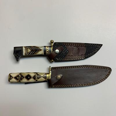 LOT 42 B: Decorative Carved Handle Bowie Knives W/ Leather Sheaths