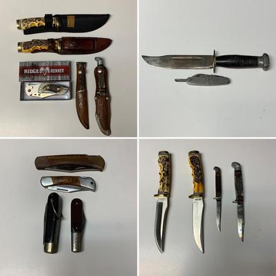 LOT 47 B: Vintage Bowie Knife, Military Multi Tool, Ridge Runner Pocket Knife & More