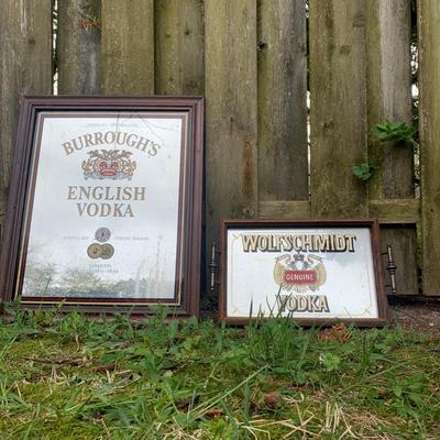 LOT 49 B: Burrough's English Vodka Mirrored Bar Sign & Wolfschmidt Vodka Mirrored Tray
