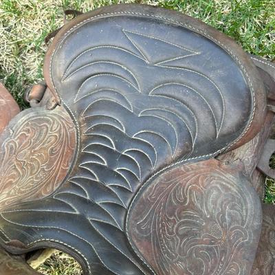 LOT 65P: Vintage Leather Western Saddle w/ Yoke, Harness & Neck Pillow