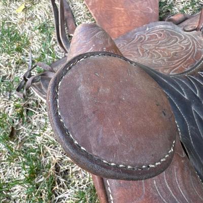 LOT 65P: Vintage Leather Western Saddle w/ Yoke, Harness & Neck Pillow
