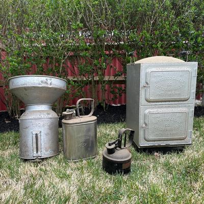 LOT 74P: Vintage The Toledo Cooker Steamer Oven, Milk Can Dispenser & Gas Cans