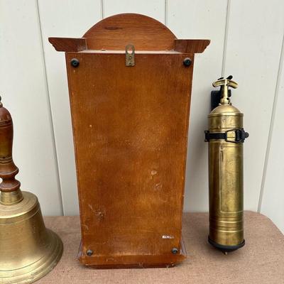 LOT 77P: Vintage Pyrene Heavy Vehicle Fire Extinguisher w/ Hanging Mount, Constitution Clock & Bell